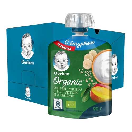 Пюре фруктово-йогуртное Gerber Organic Банан, манго с йогуртом и злаками 90г 16шт в Кораблик